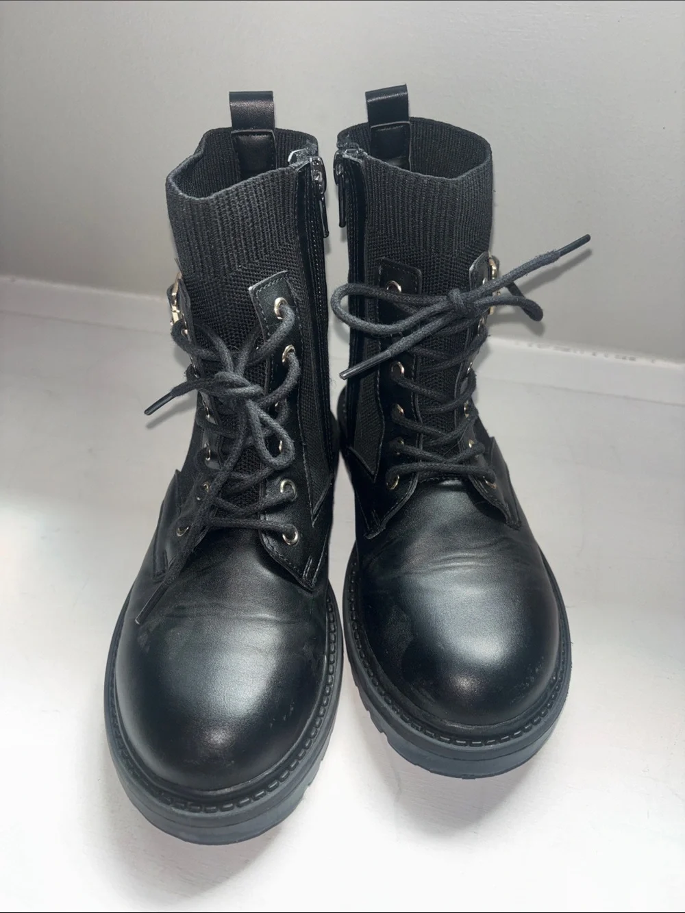 Steve Madden Black Lace-Up Combat Boot with Gold Buckle